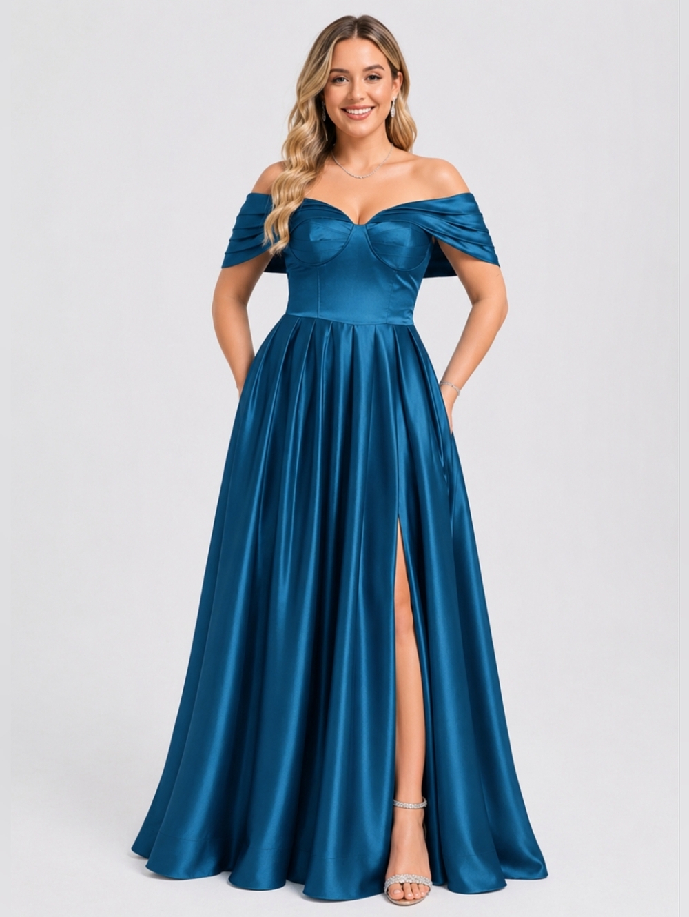 JJs House Avonlea Ink Blue Off-the-Shoulder Satin Prom Gown Size 24w